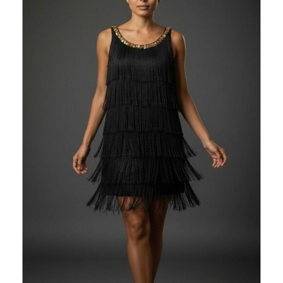 1920s Black Fringe Flapper Dress With Gold Sequin & Feather Trim - Picture 1 of 5